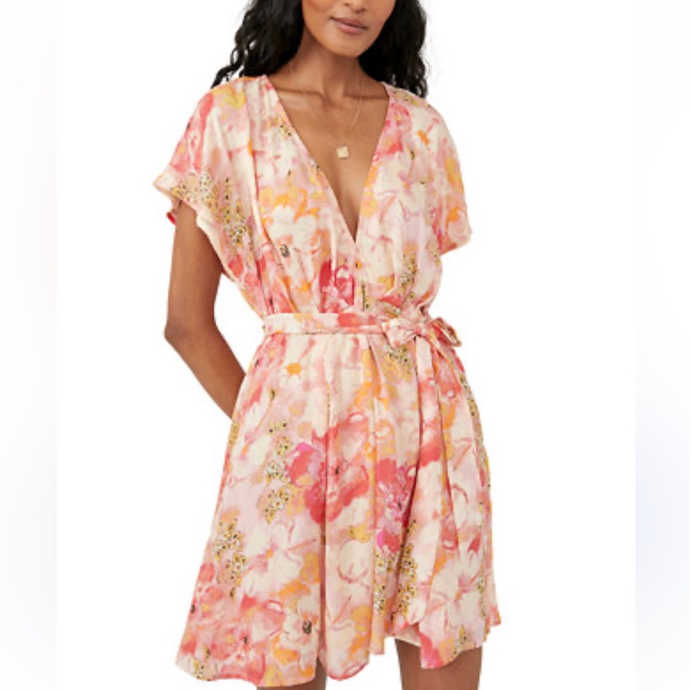 Free People Freddy Tie-Side Mini Dress Tropical Floral Pink Orange